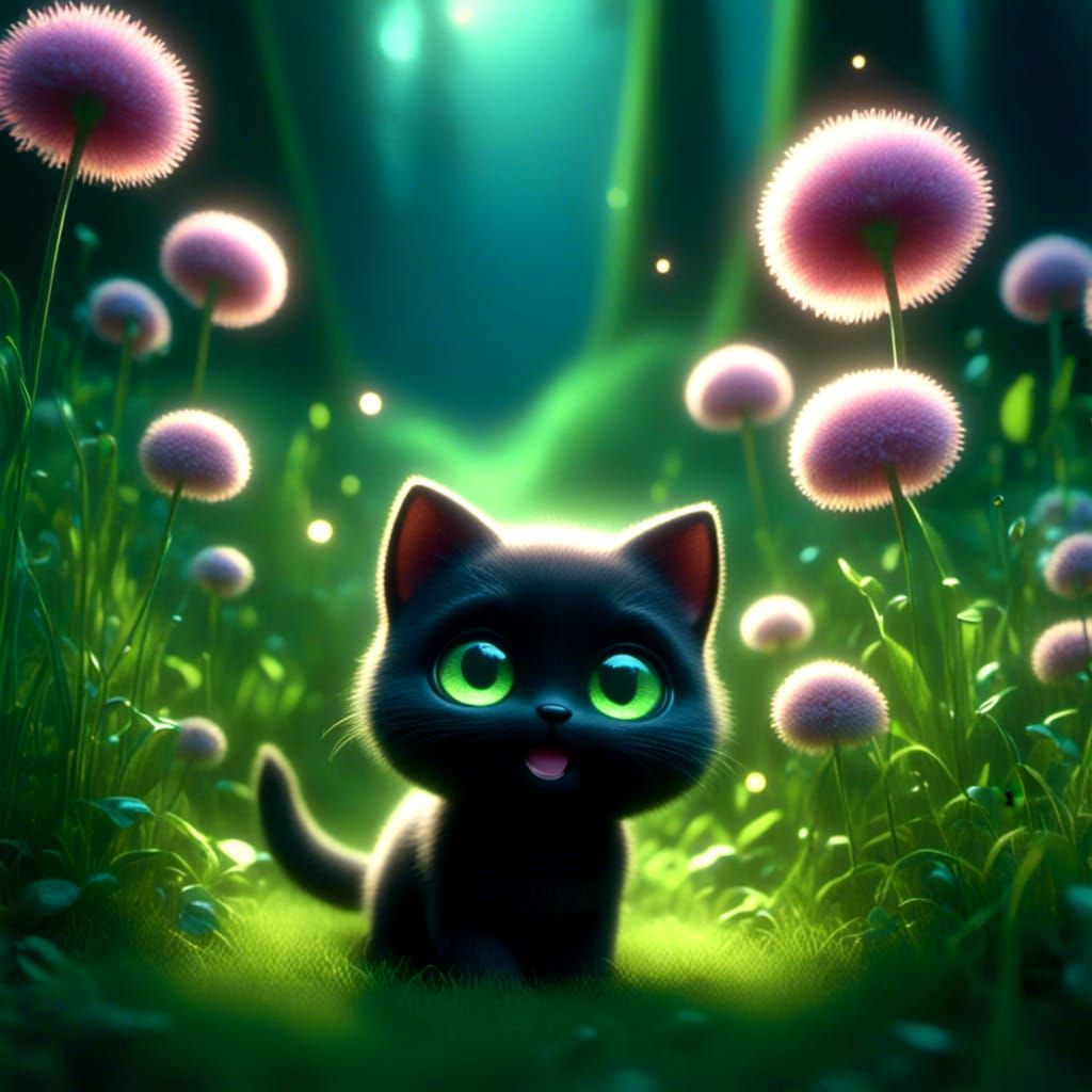 Adorable Black Kitten with Green Eyes in Anime Style