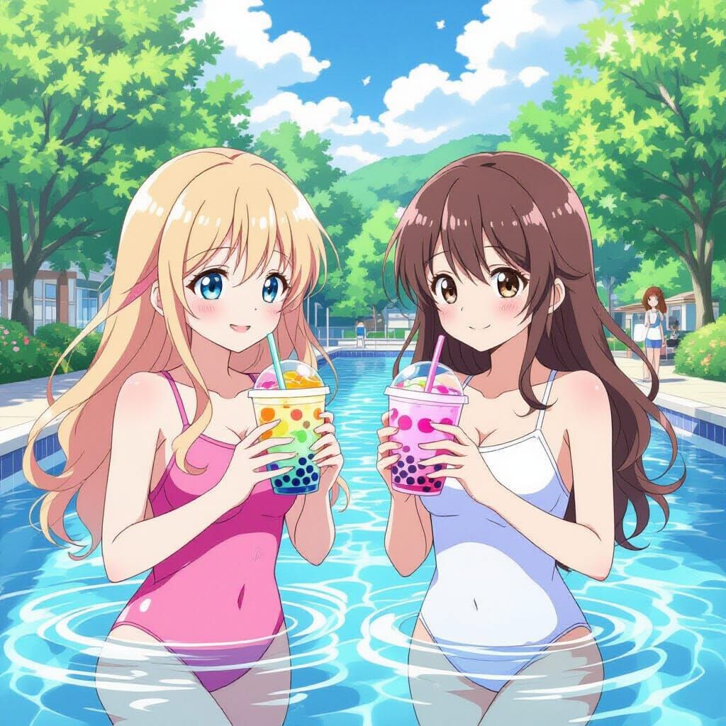Anime Girls Enjoying Bubble Tea in Vibrant Pool