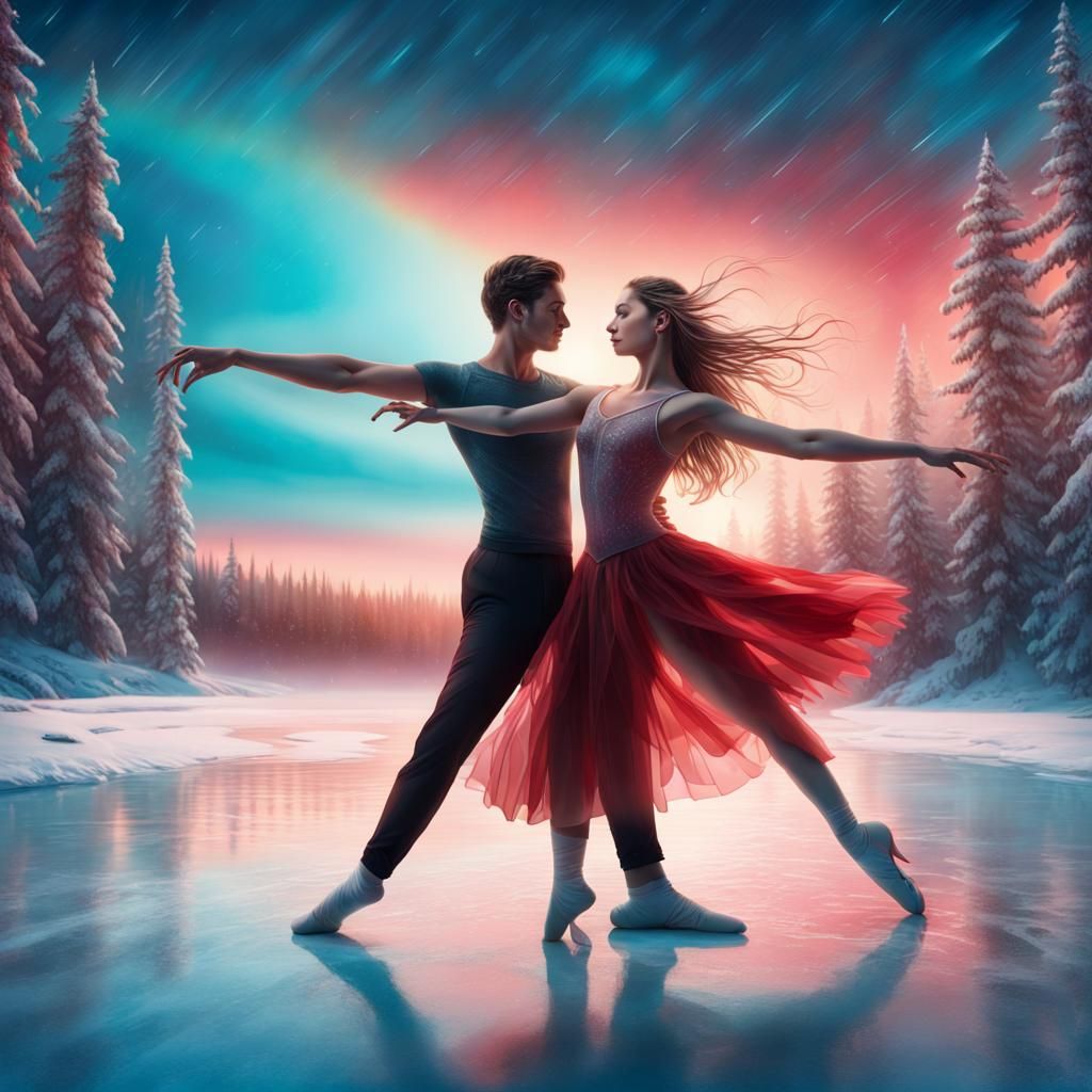 Ballet Dancers Perform on Frozen Lake Under Aurora