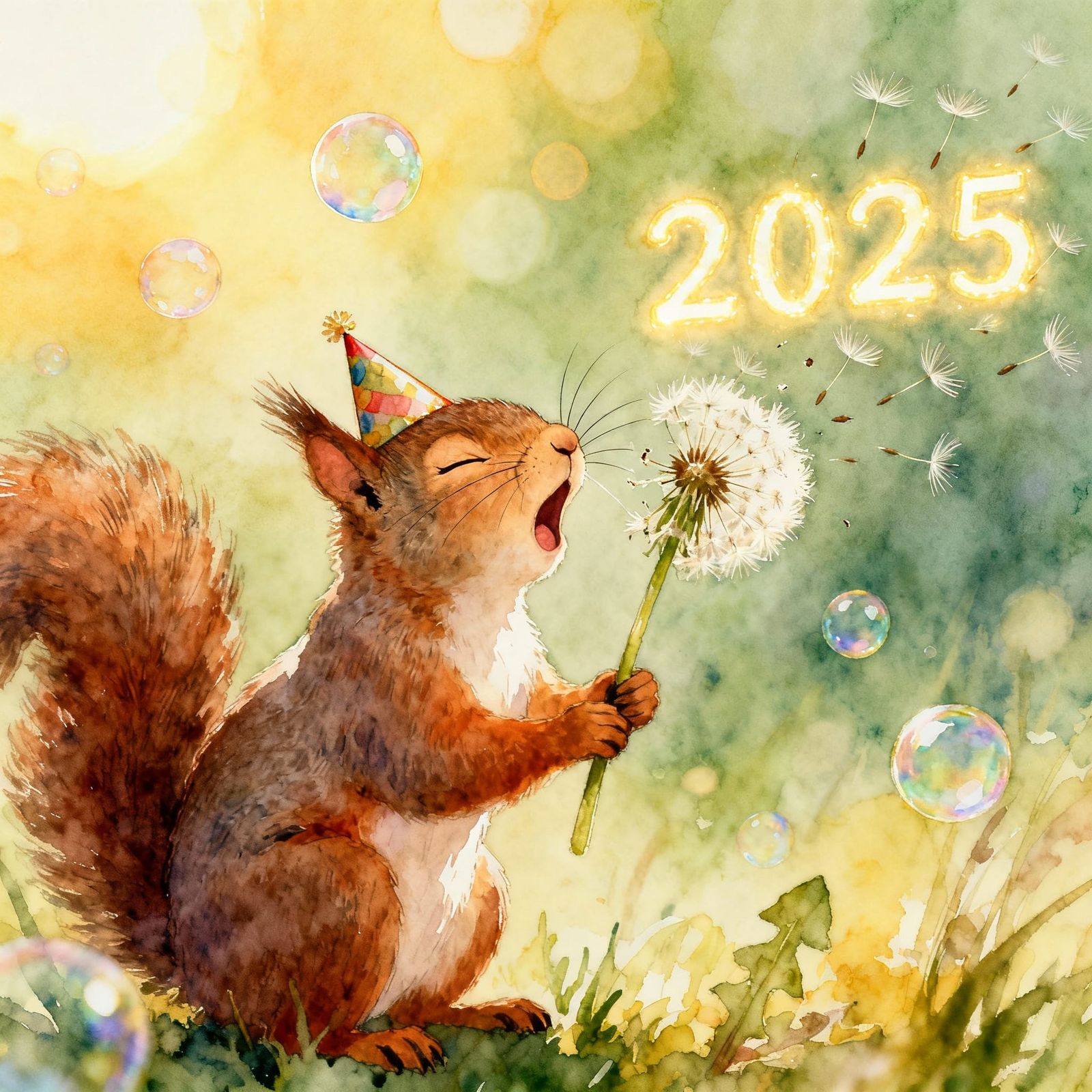 Whimsical Squirrel Sneezes Out 2025 in Watercolor