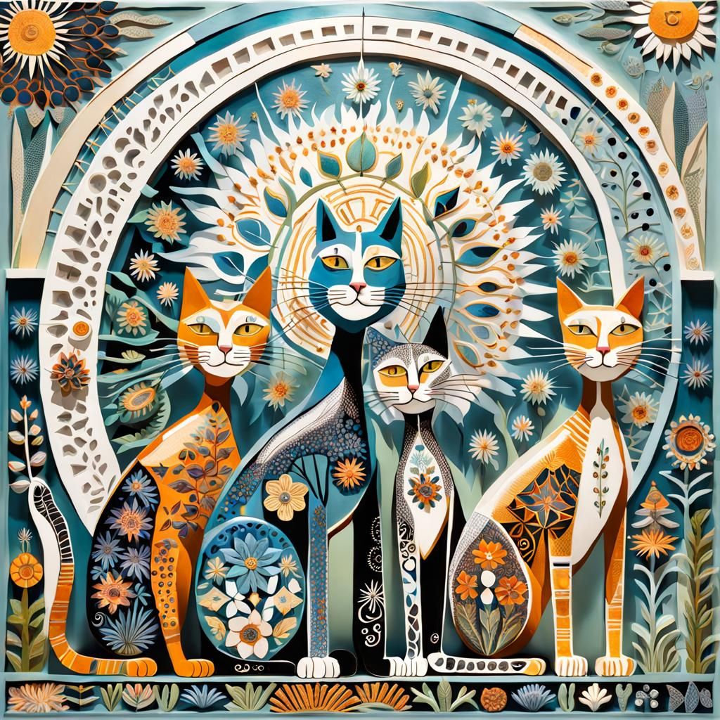 Cats in Sunlight: Intricate Folk Art Style