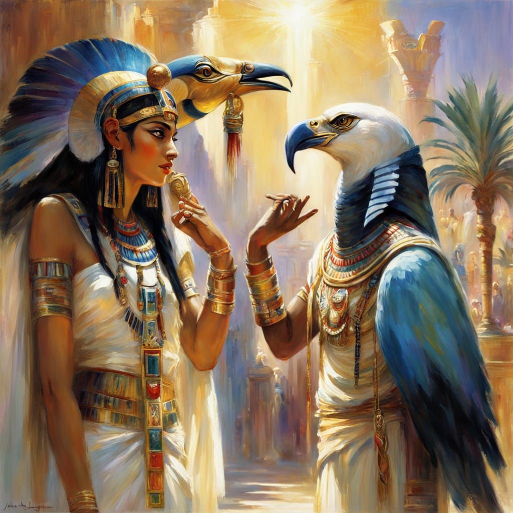 Egyptian Gods in Whimsical Conversation, Impressionist Oil P...