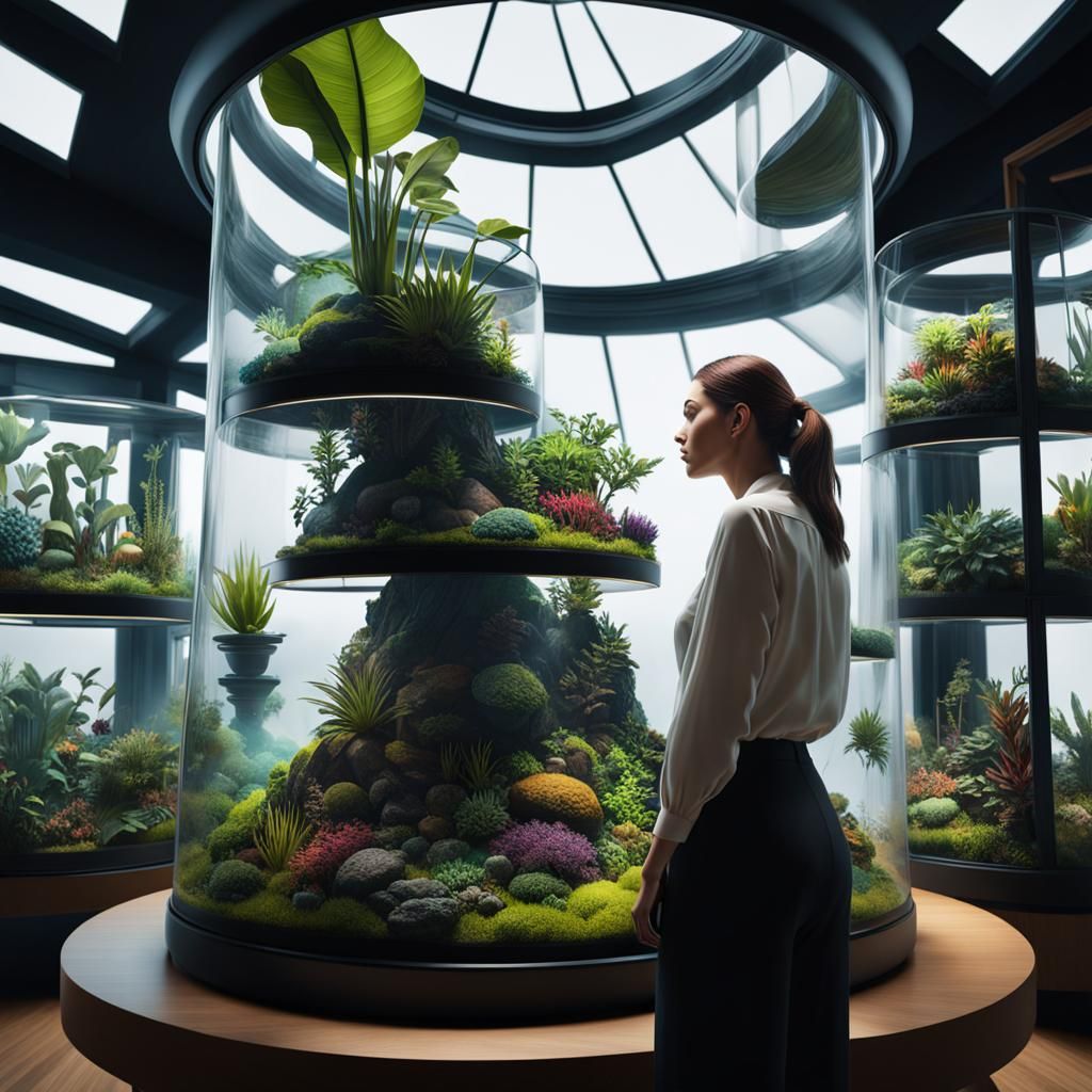 Woman Observes Miniature Landscape in Giant Terrarium