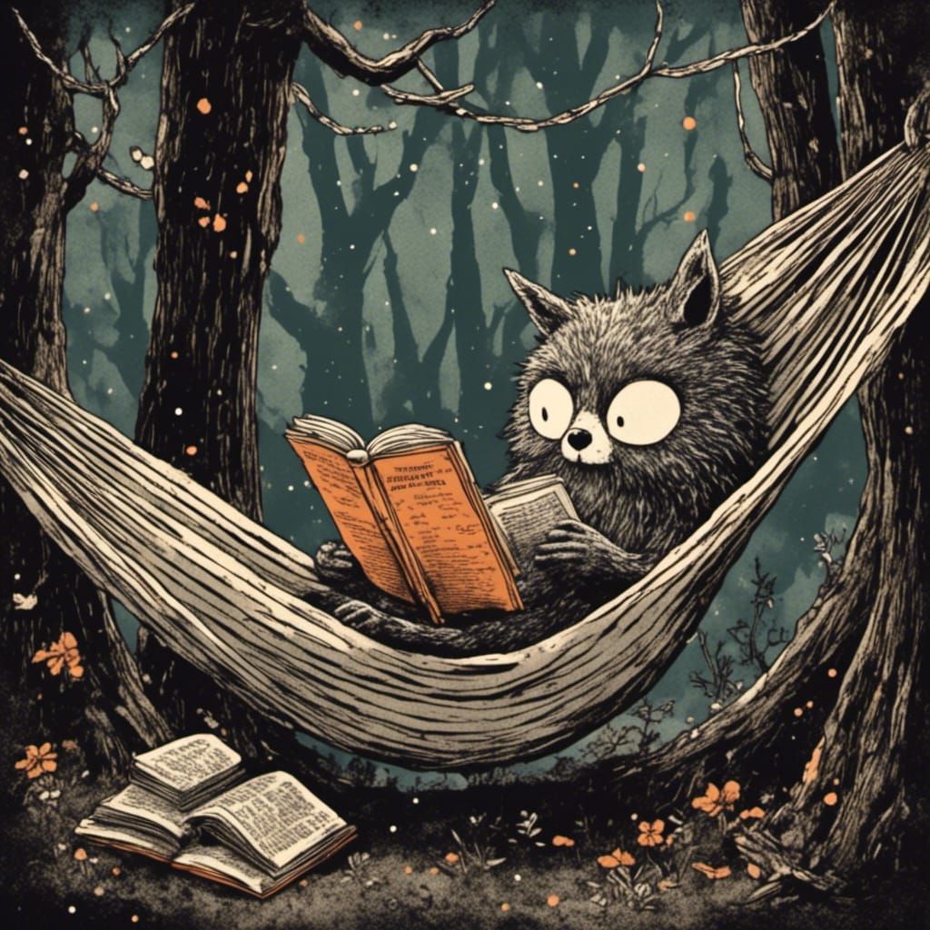Quirky Creature Reads in Hammock Collage