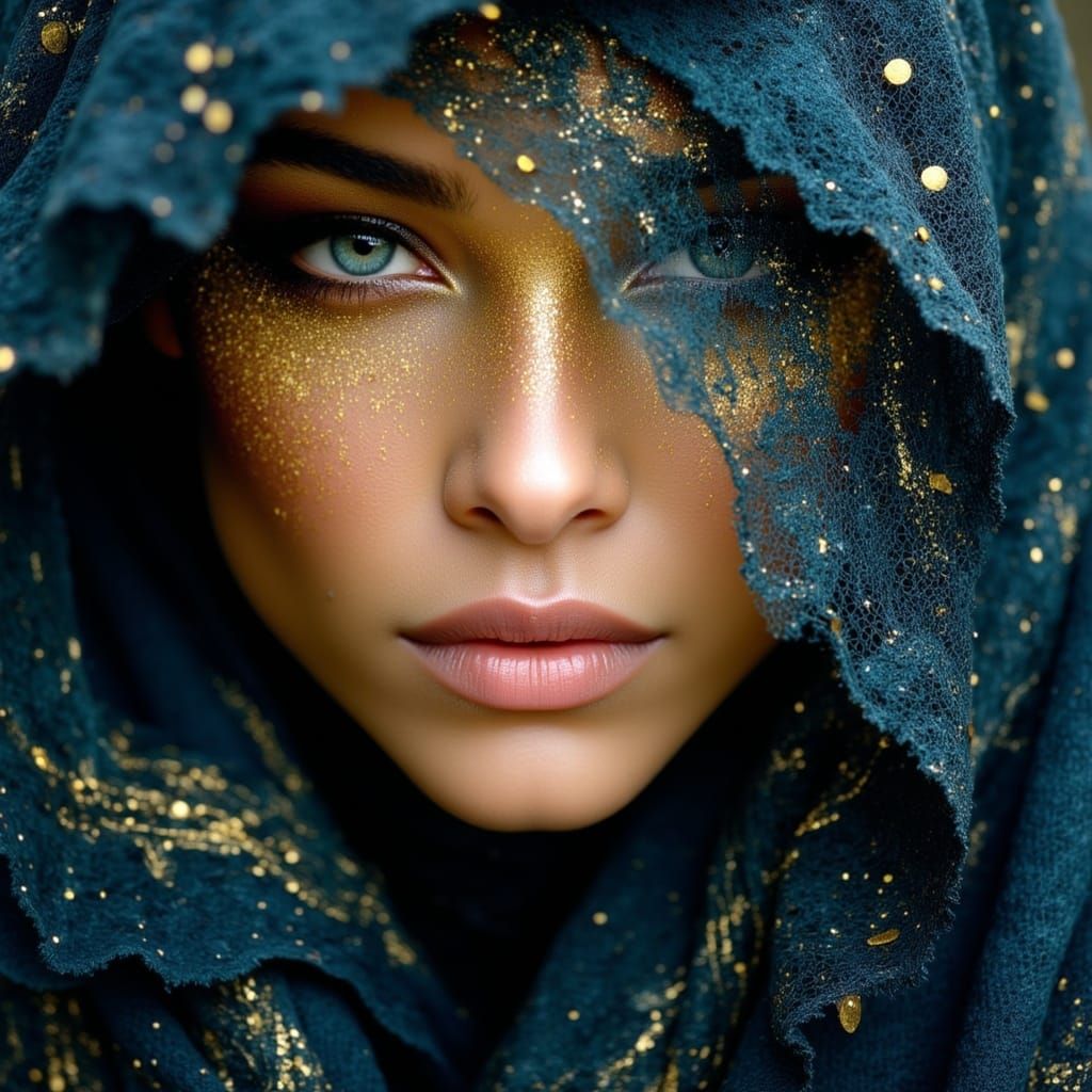 Ethereal Woman with Gold Glitter and Lace Veil