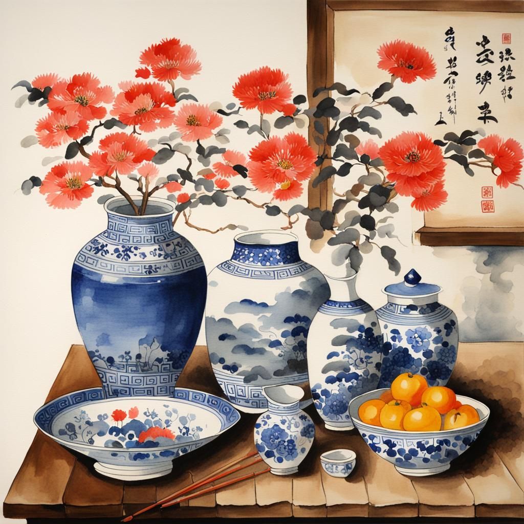 Oriental Still Life in Korean Folk Art Style