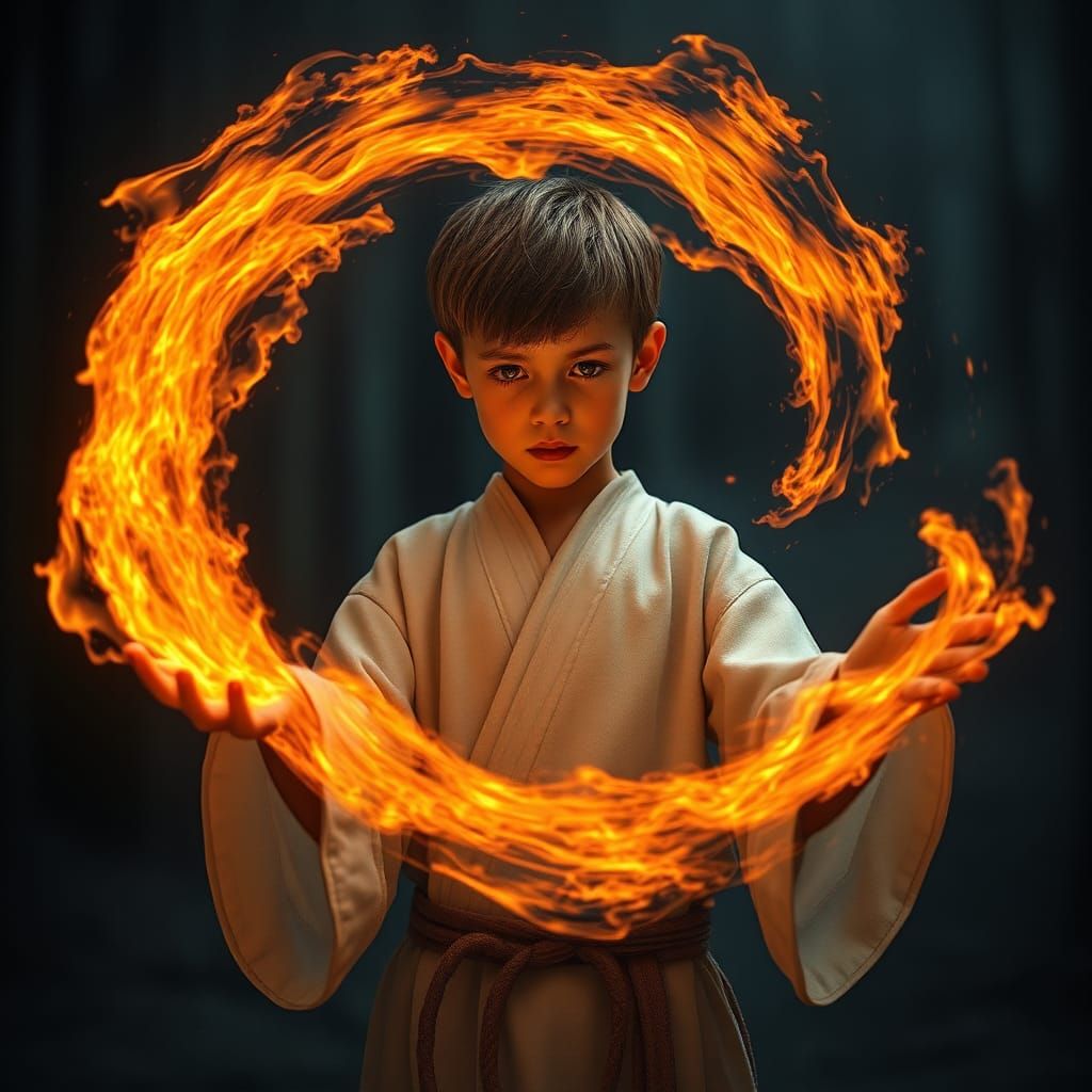 Boy Controls Fire Vortex in Dark Surrealism Style