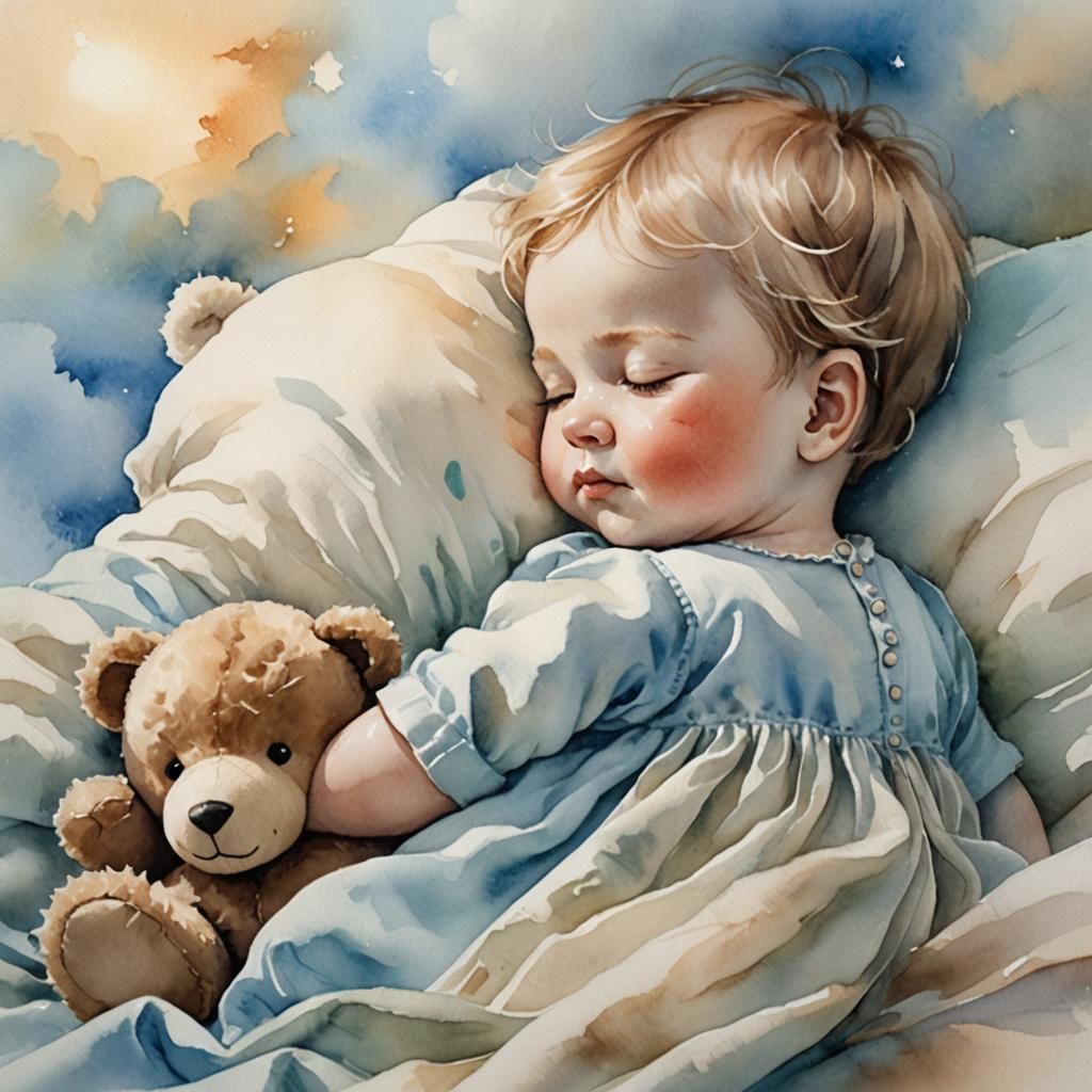 Serene Baby Sleeping with Teddy Bear Watercolor