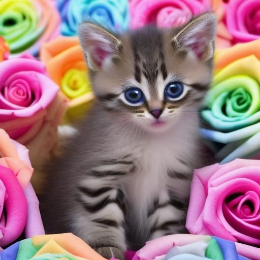 Cute Kitten with Rainbow Roses