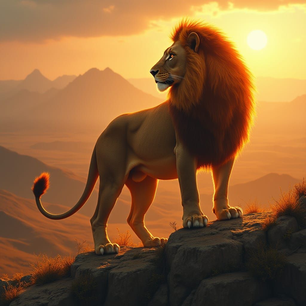 Lion with Fiery Mane Overlooking Sun-Drenched Savanna in Dra...