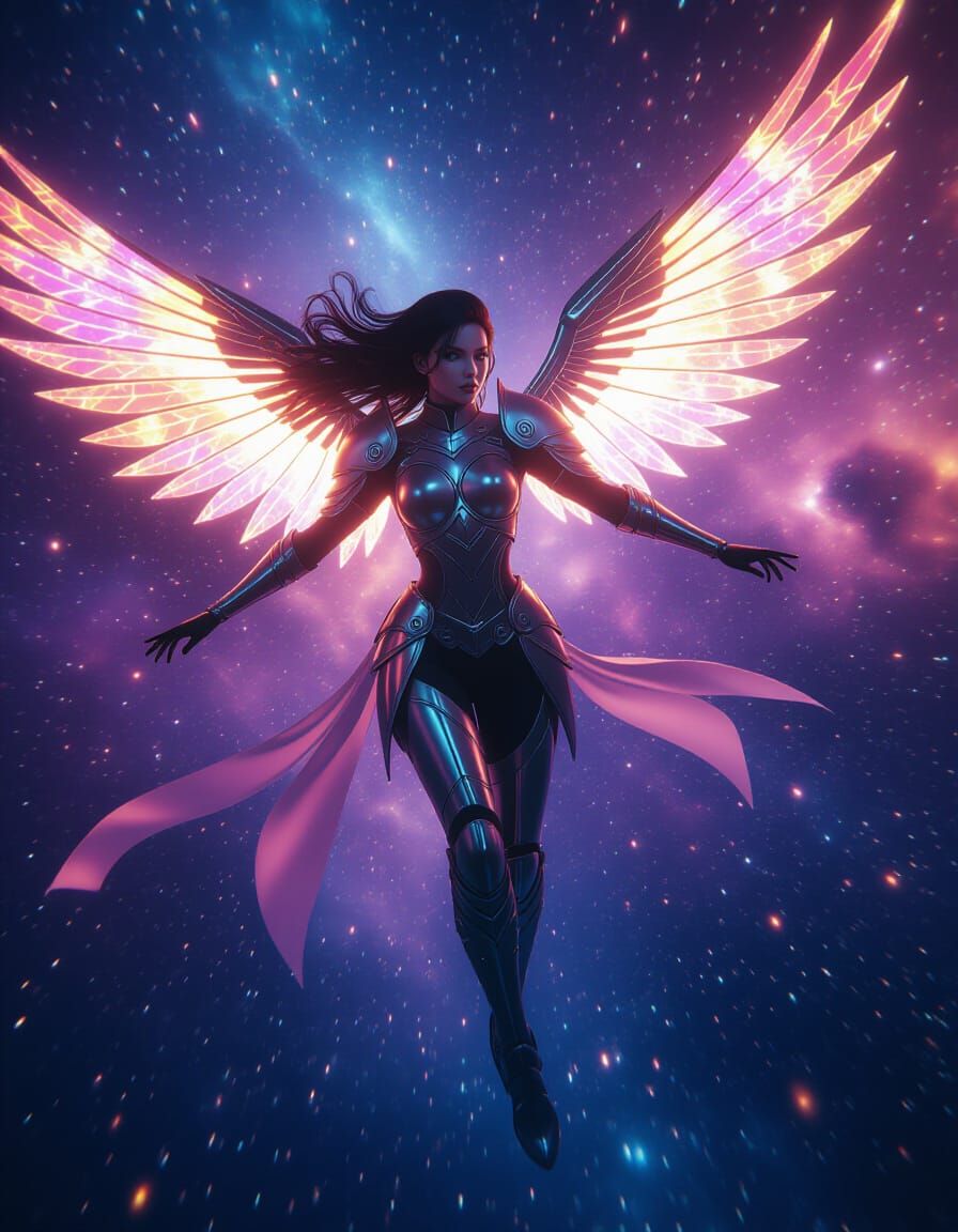 Celestial Woman Soaring Through Nebula in Anime Style
