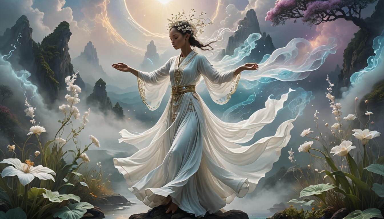 Ethereal Dancer in Dreamlike Surrealist Landscape