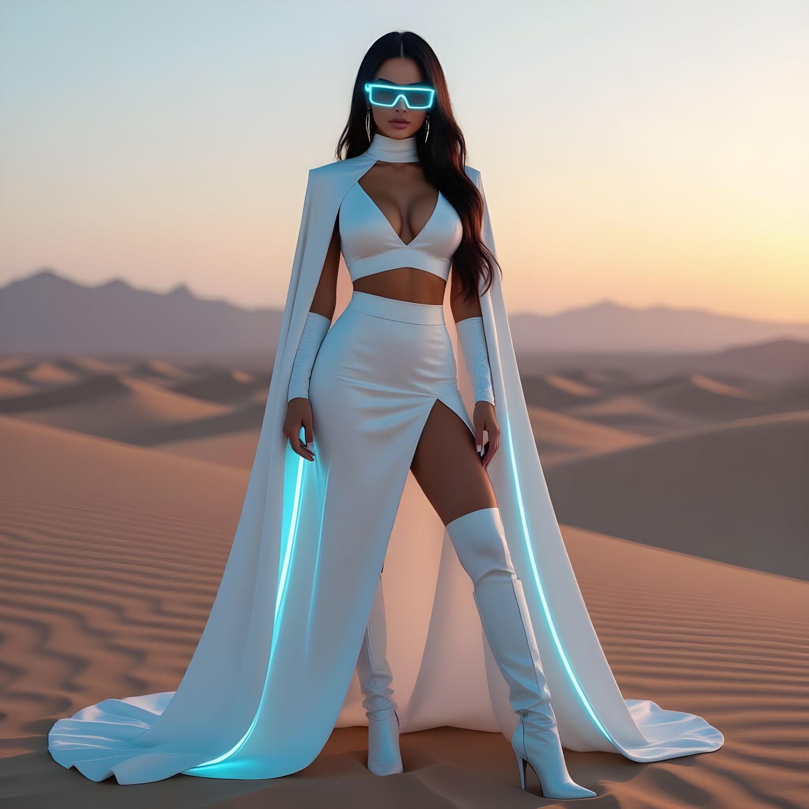 Latin Woman in Futuristic White Cape and Skirt