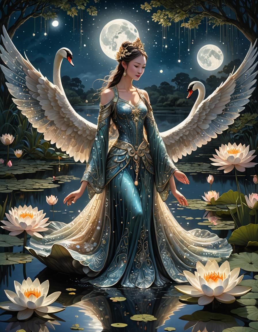 Swan Goddess Emerges from Moonlit Lake in Ethereal Style