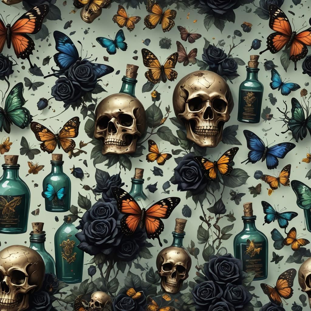 Dark Fantasy: Butterflies, Roses, Skulls in Detailed Paintin...