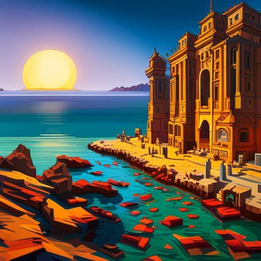 Dystopian Renaissance Seascape in Low Poly Style