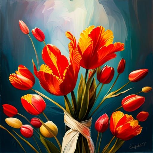 Tulips with Ribbon in Impasto Watercolors