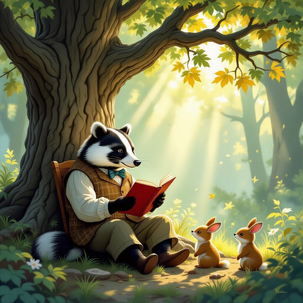 Badger Reading to Forest Friends by Gnarled Oak
