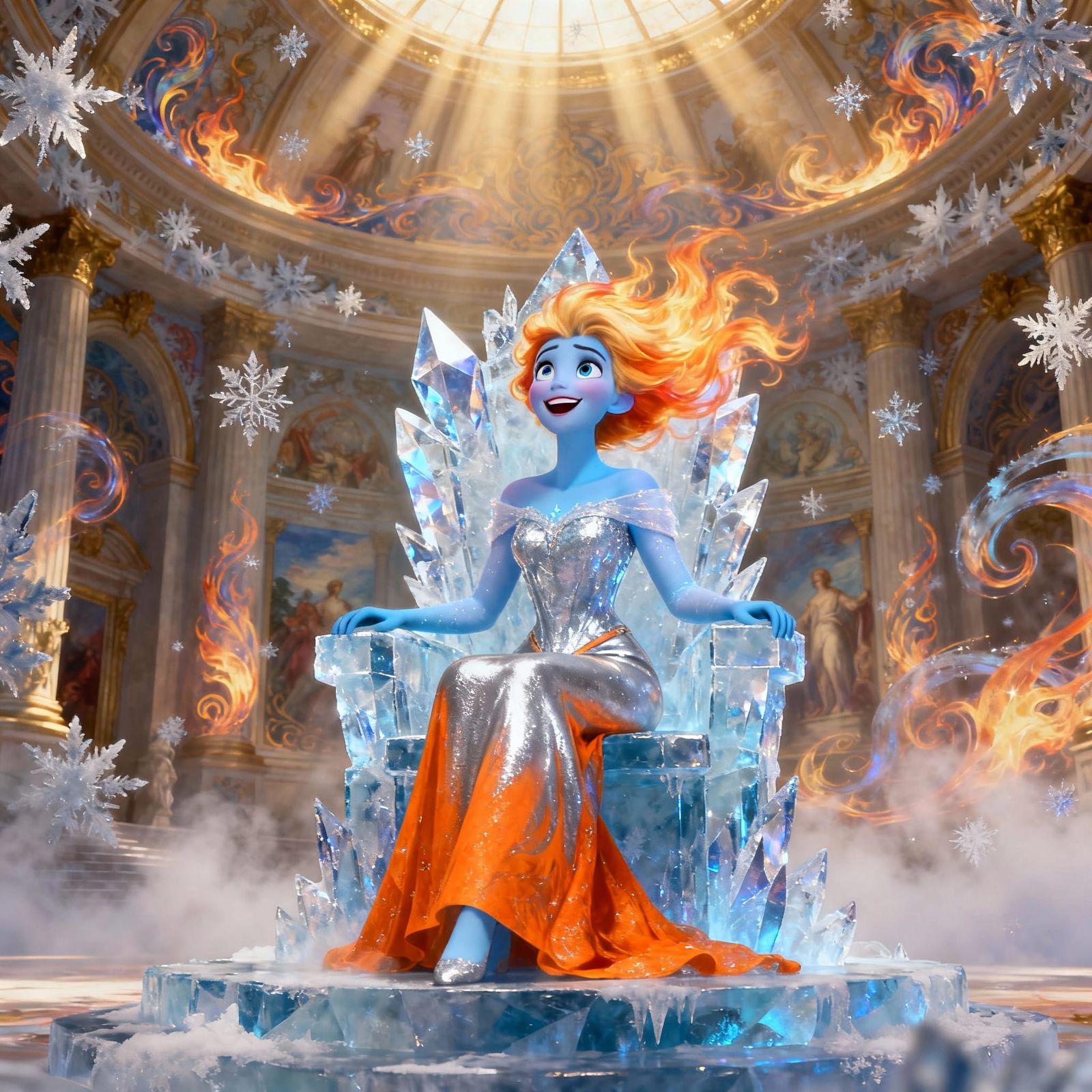 Crystalline Goddess of Flame and Ice in Disney Style
