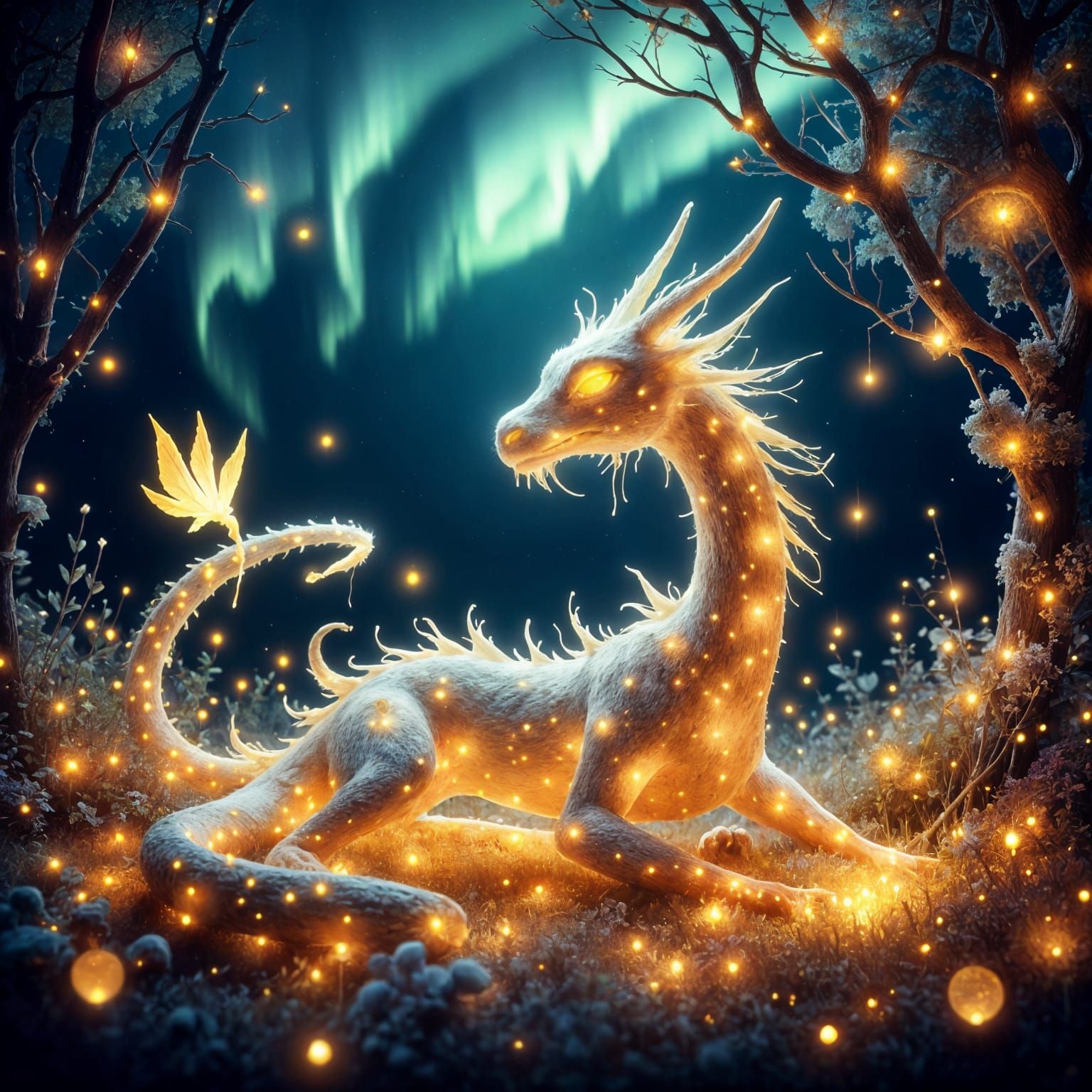 Ethereal Fantasy Scene with Fairy Dragons Under the Aurora B...