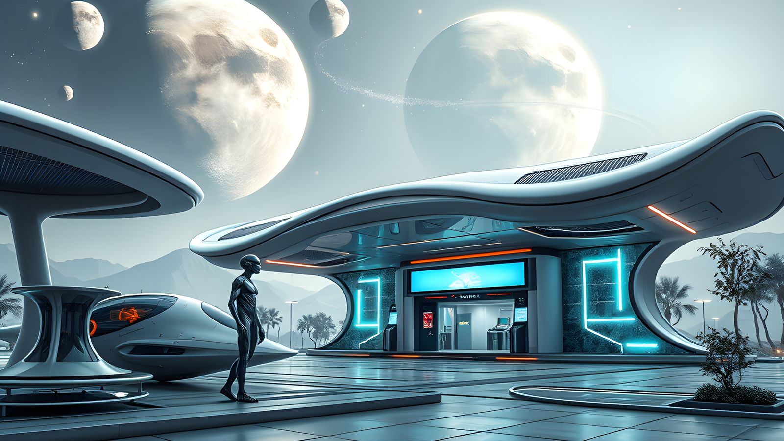 Futuristic Refueling Station with Alien Contemplation