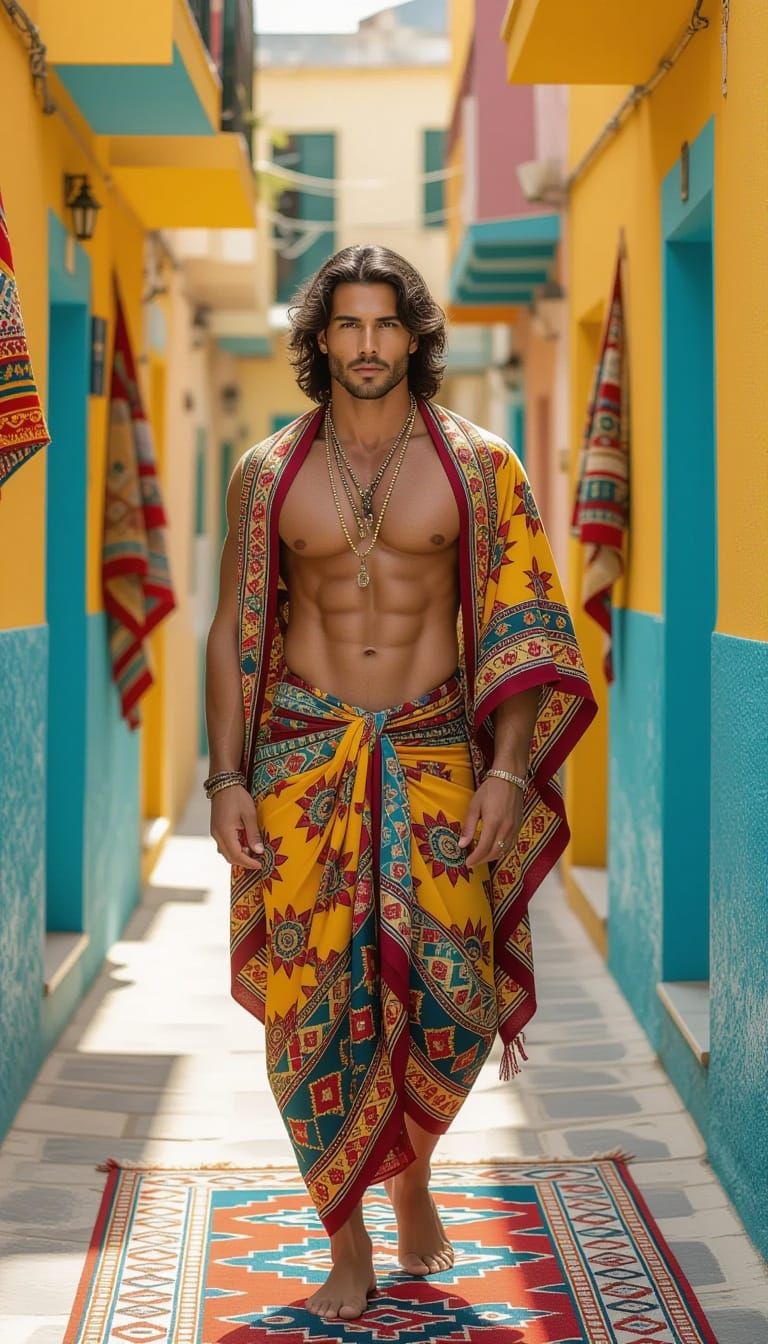 Muscular Man in Sunlit Alley with Bohemian Style