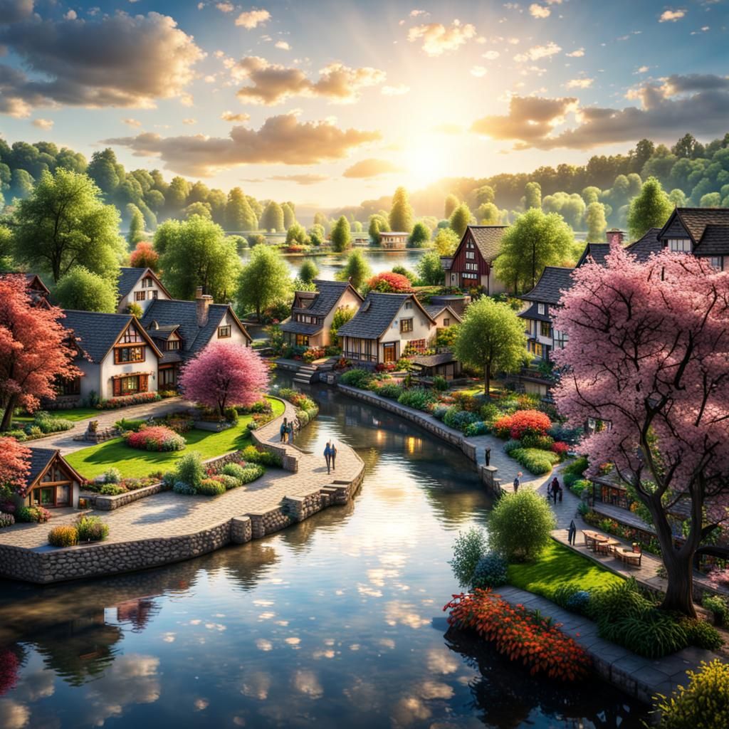 Picturesque Village in Garden Park by River