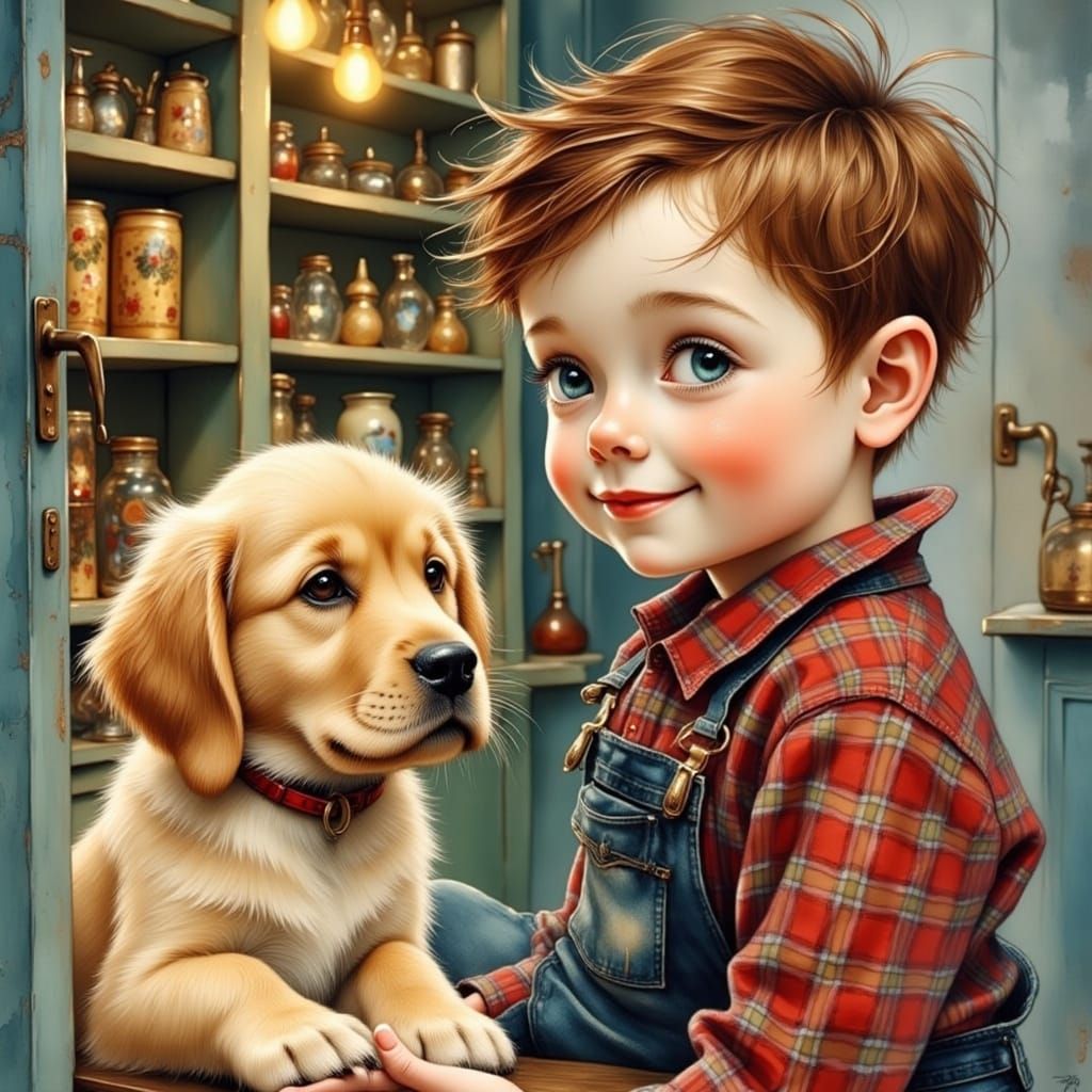 Boy and Puppy in Vintage Pet Store