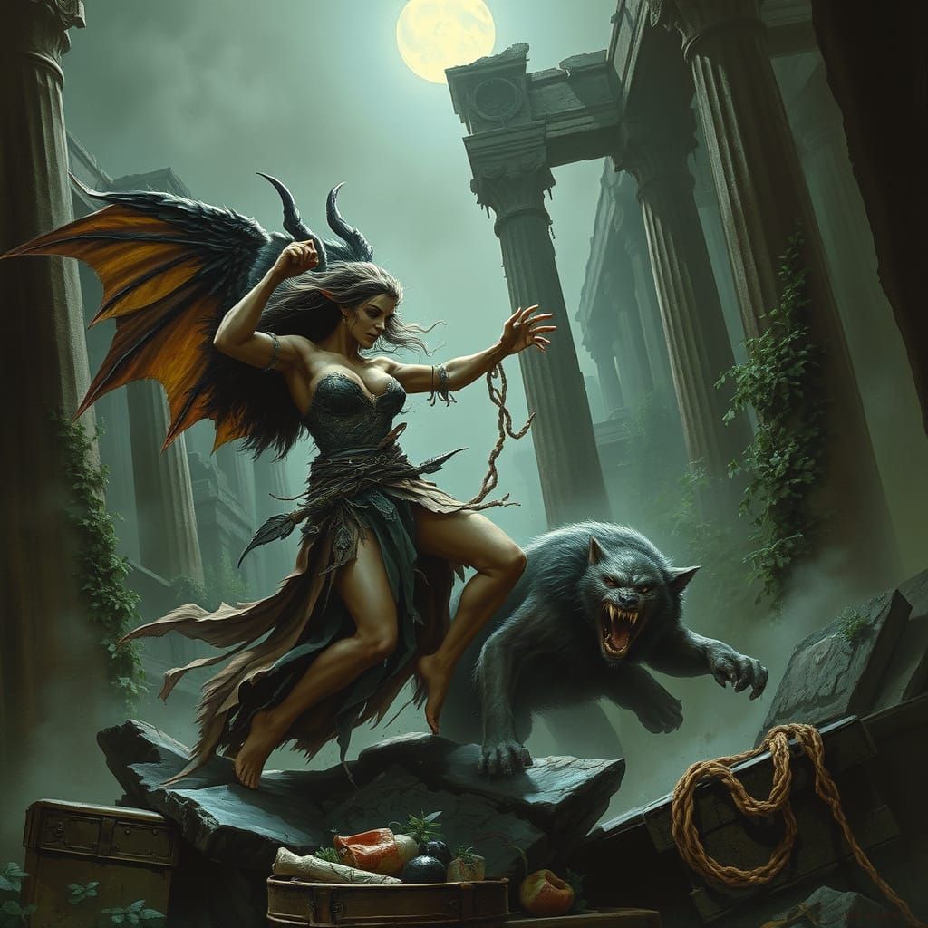 Harpy vs Werewolf in Ancient Ruins: Dark Fantasy Art