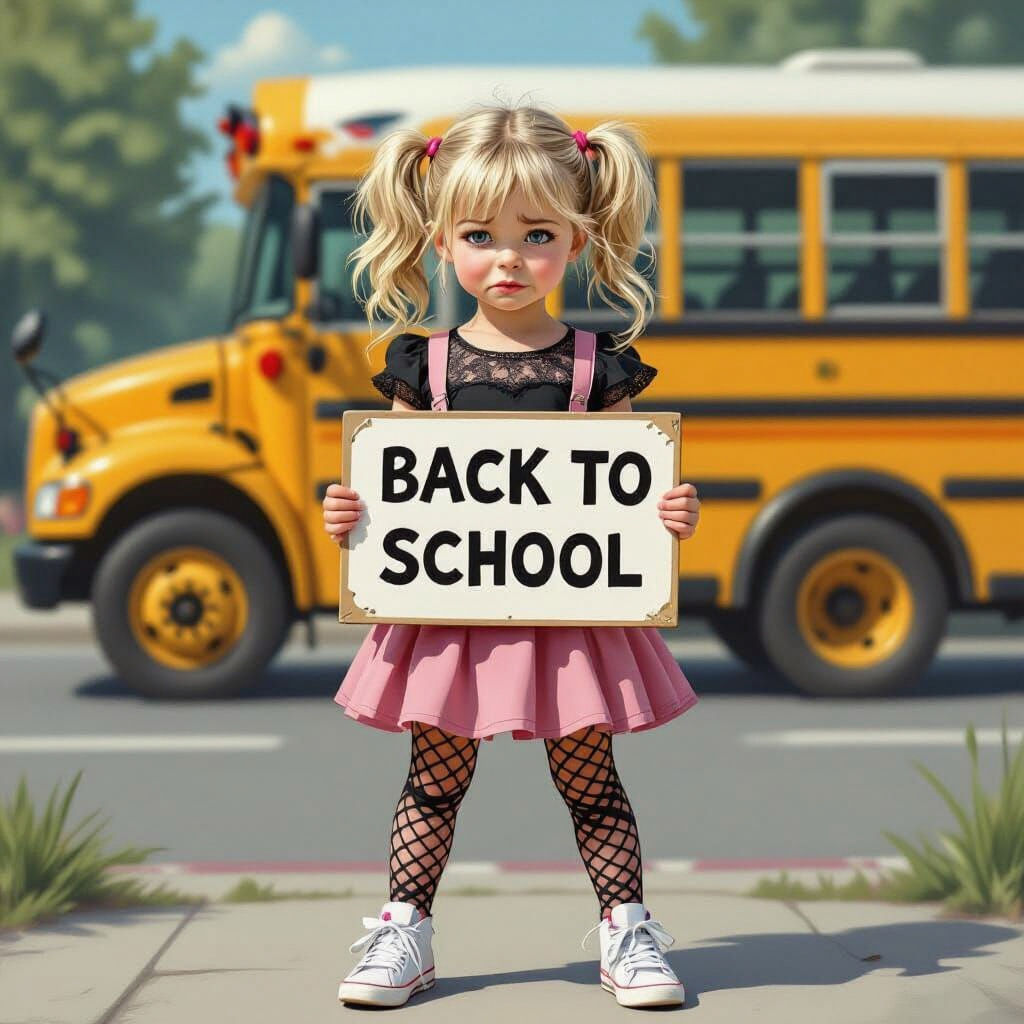 Sassy Girl with School Sign, Ultra-Realistic Image