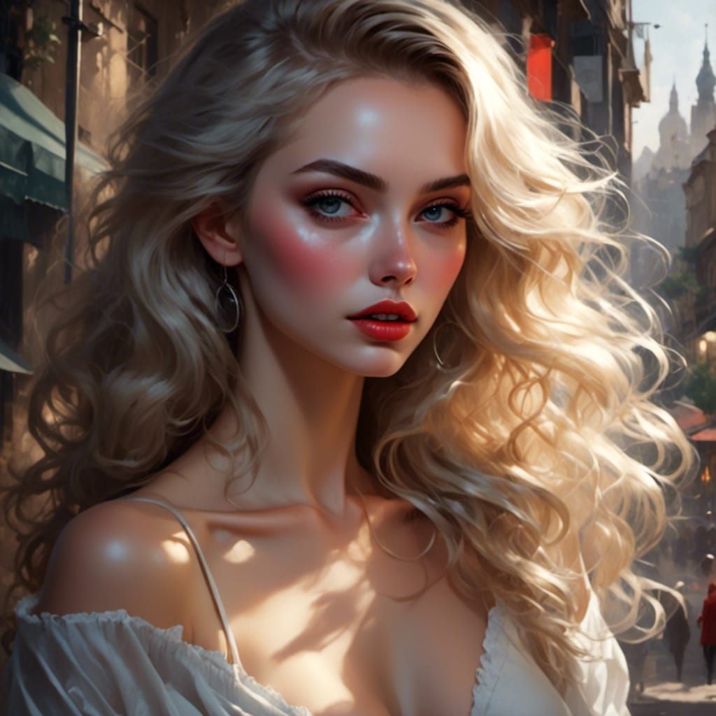 Blonde Pin-Up in Hammam, Watercolor Comic Style