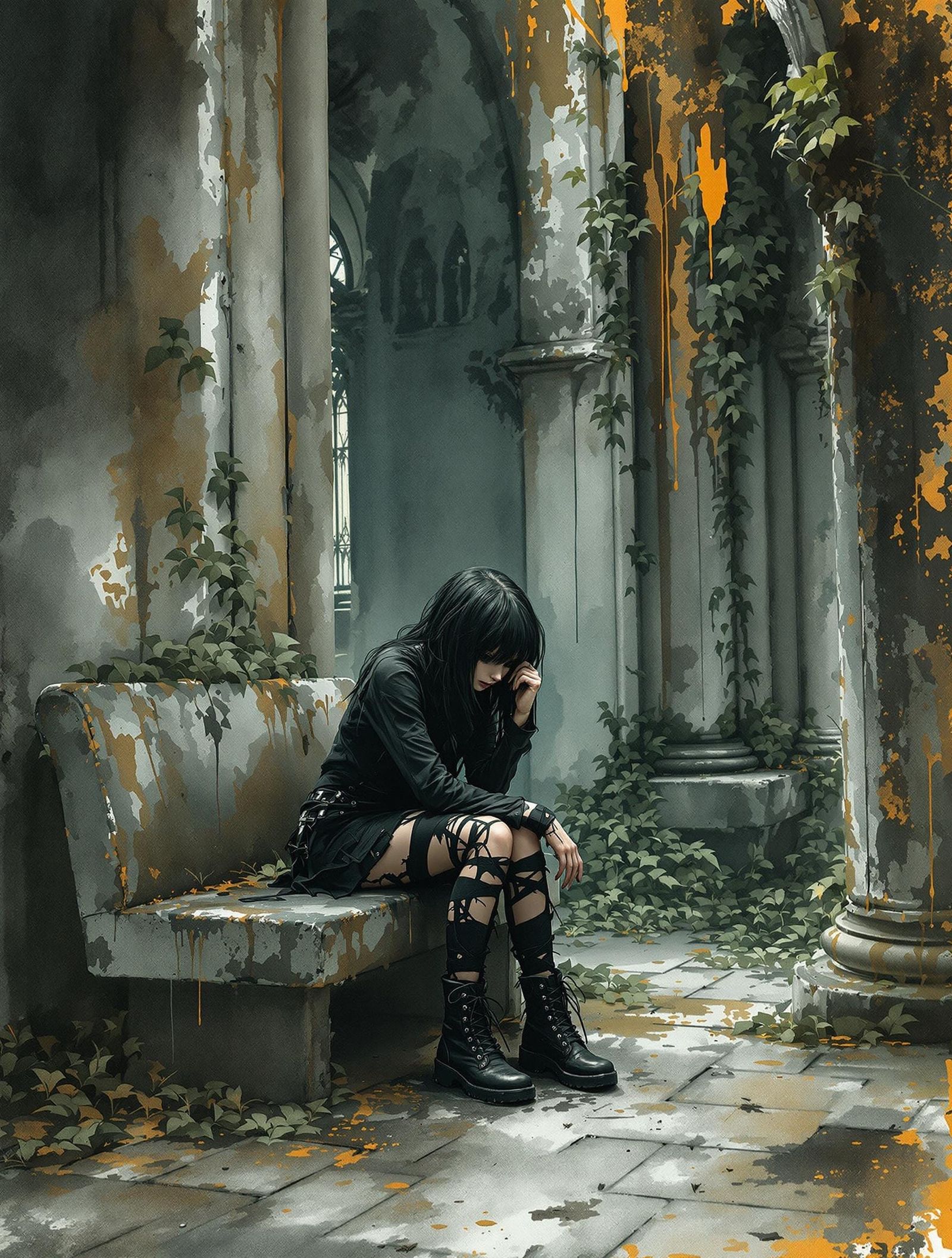 Moody Gothic Girl Finds Solace in Ruins