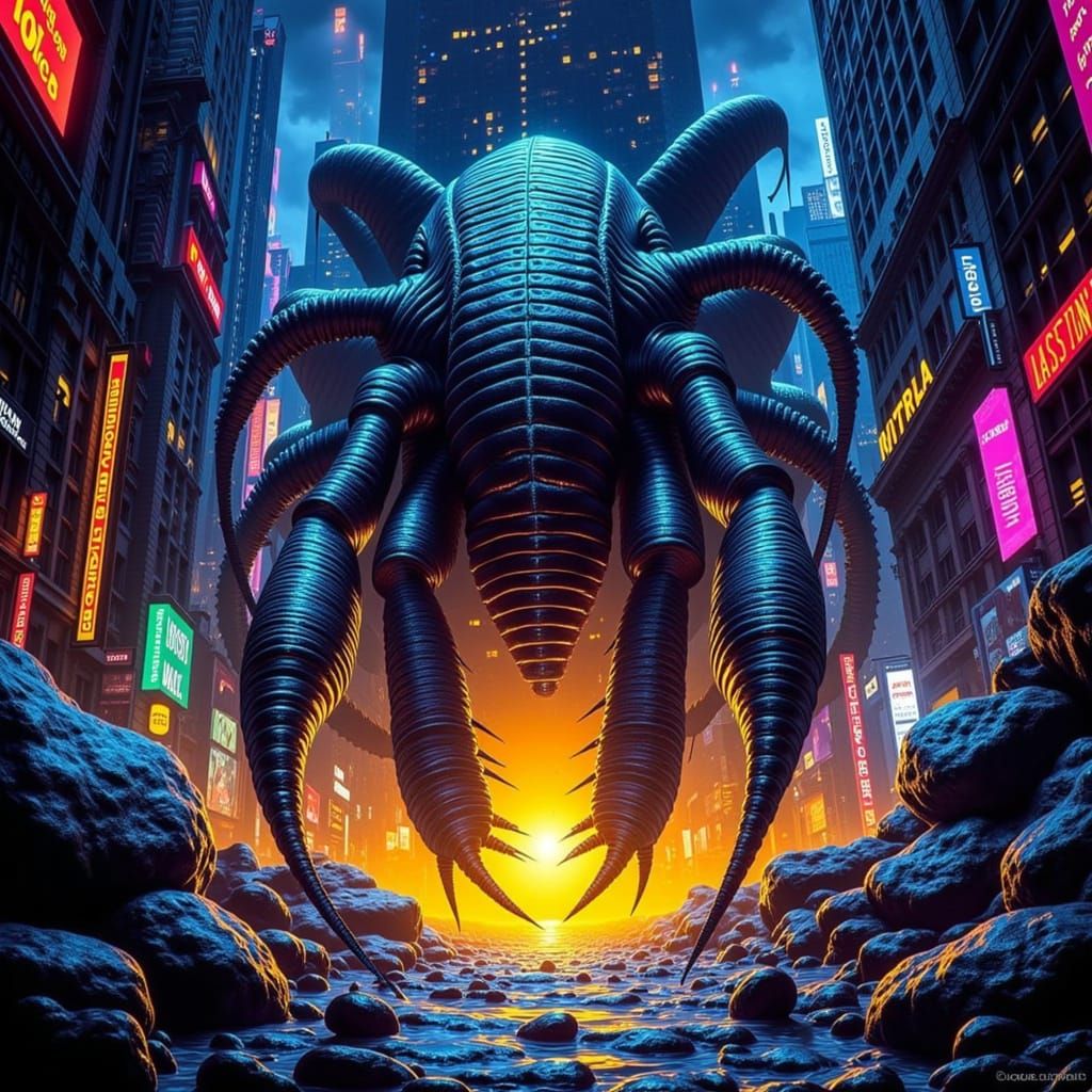 Giant Trilobite Attacks Cityscape in Retro Sci-Fi Poster