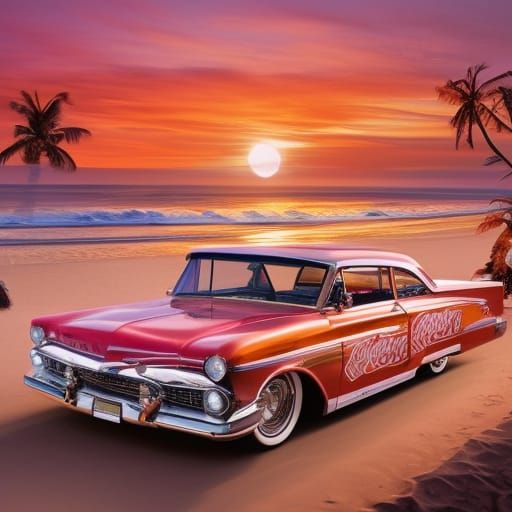 Lowrider Car on Beach at Sunset