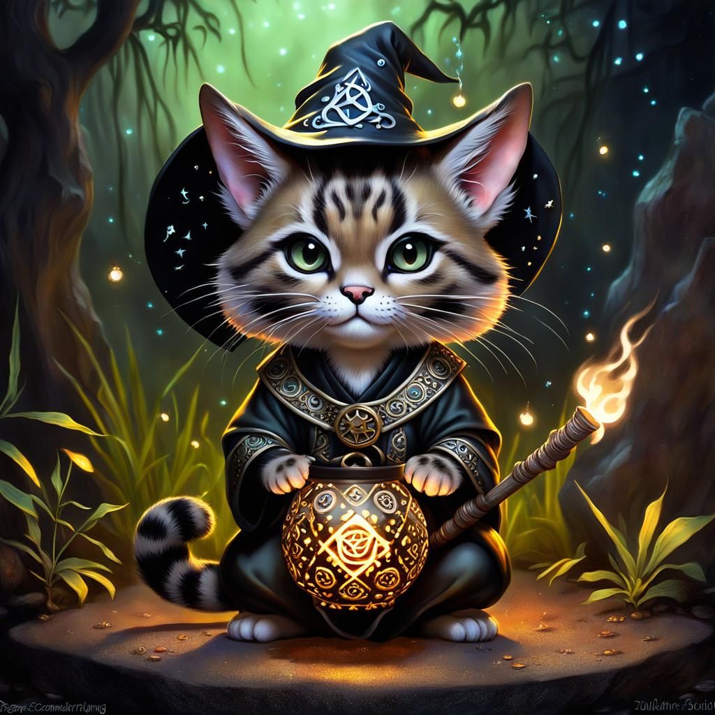 Chibi Asian Fishing Cat Witch Airbrush Painting