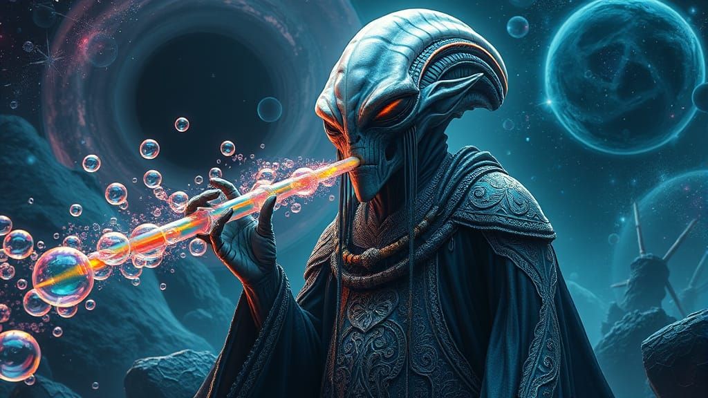 Giant Alien Blowing Bubbles in Cosmic Landscape