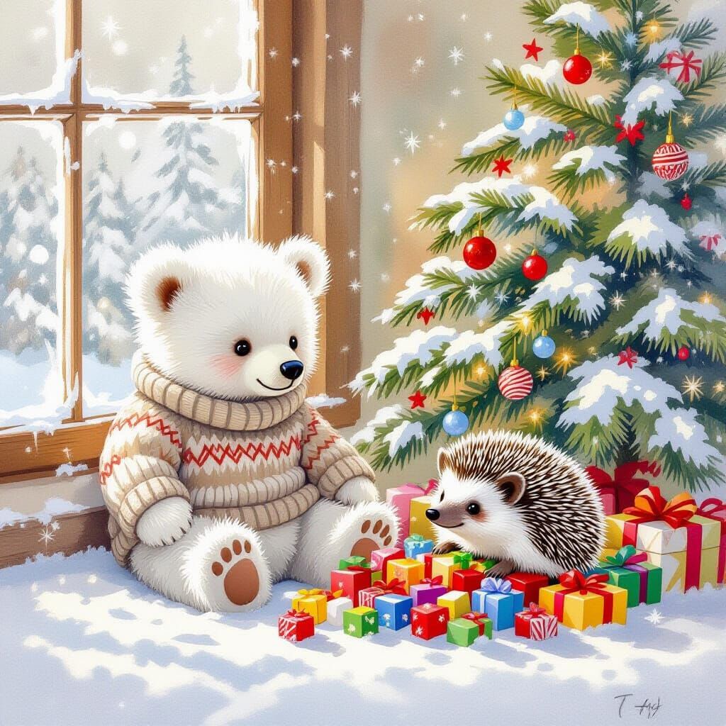 Cozy Christmas Bear and Hedgehog Fairytale Illustration