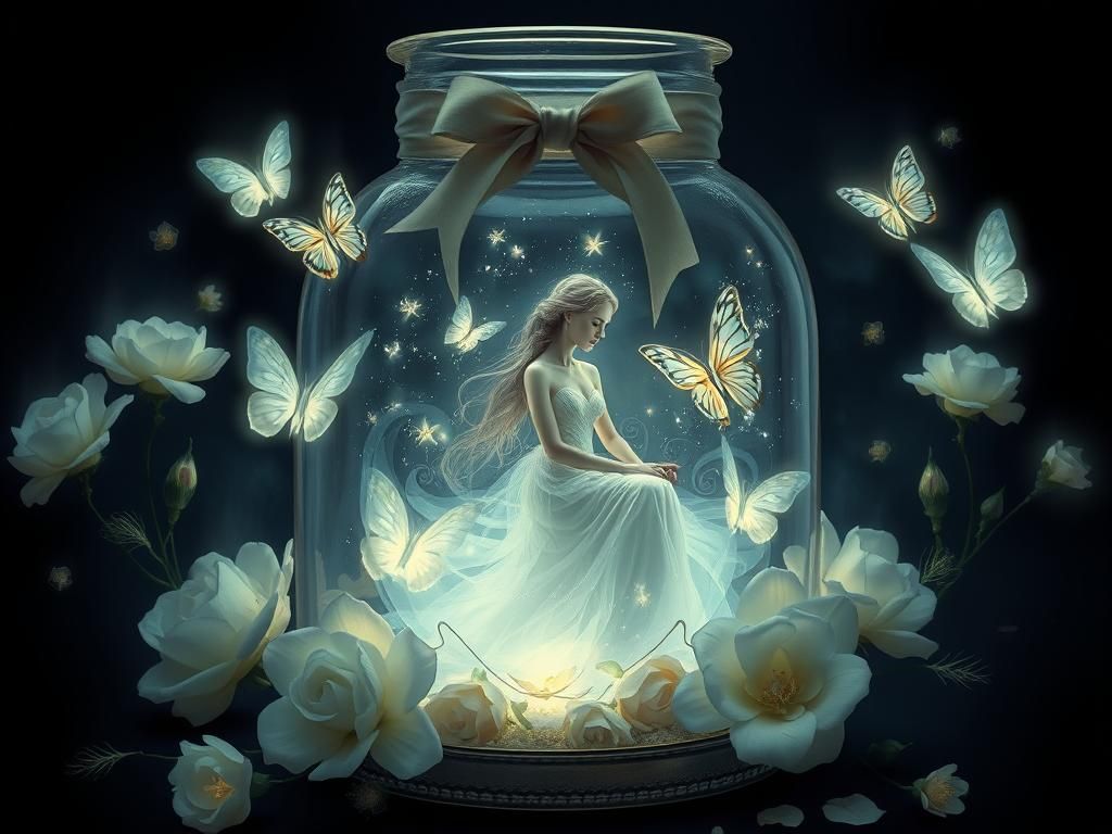 Ethereal Woman in Glass Jar with Glowing Flowers