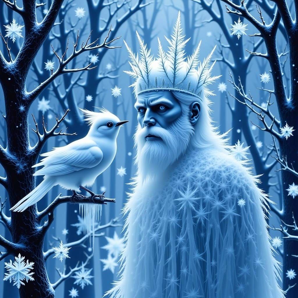 <lora:Frost:1.0> Snow King Jack Frost, majestic and powerful, with an icicle crown, ice glazing a city transforming into...