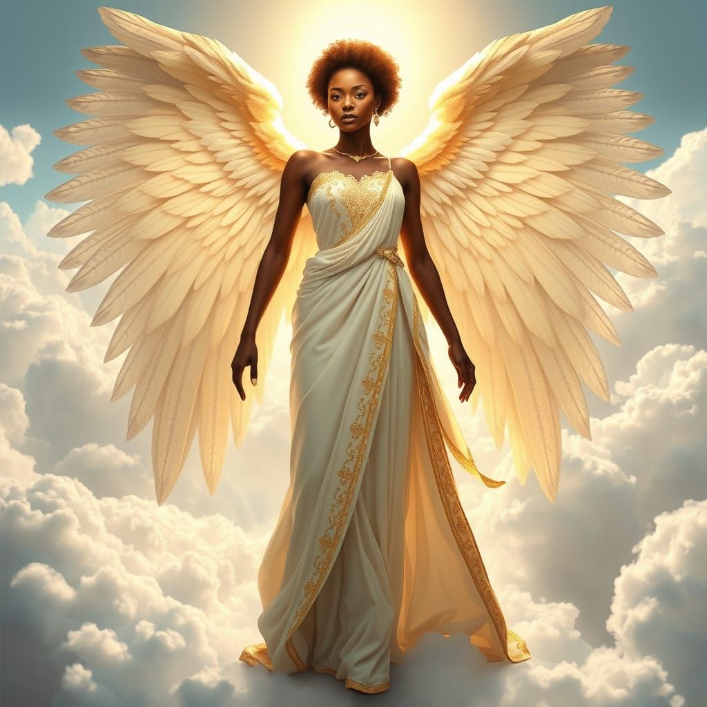 Celestial African Angel in Ethereal White Robe with Golden E...