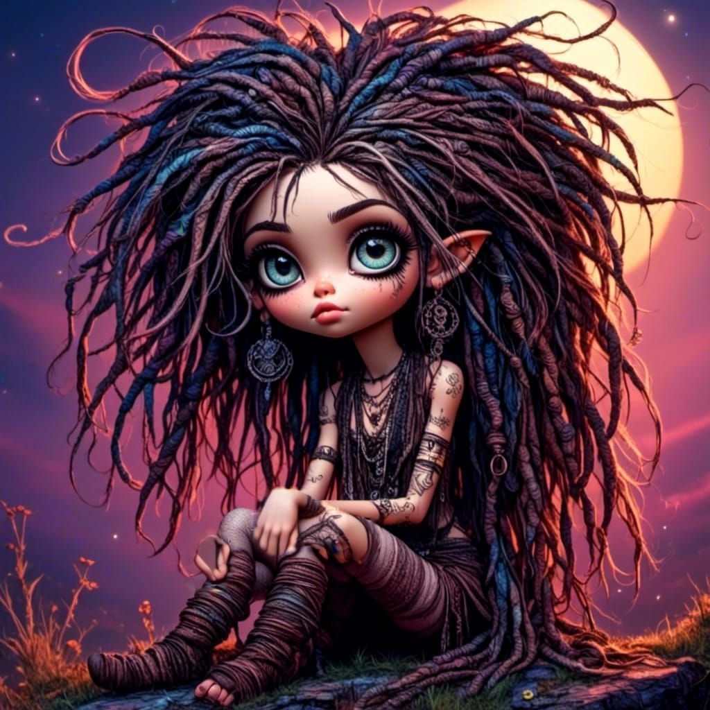 Chibi Punk Woman under Moonlight in Digital Art