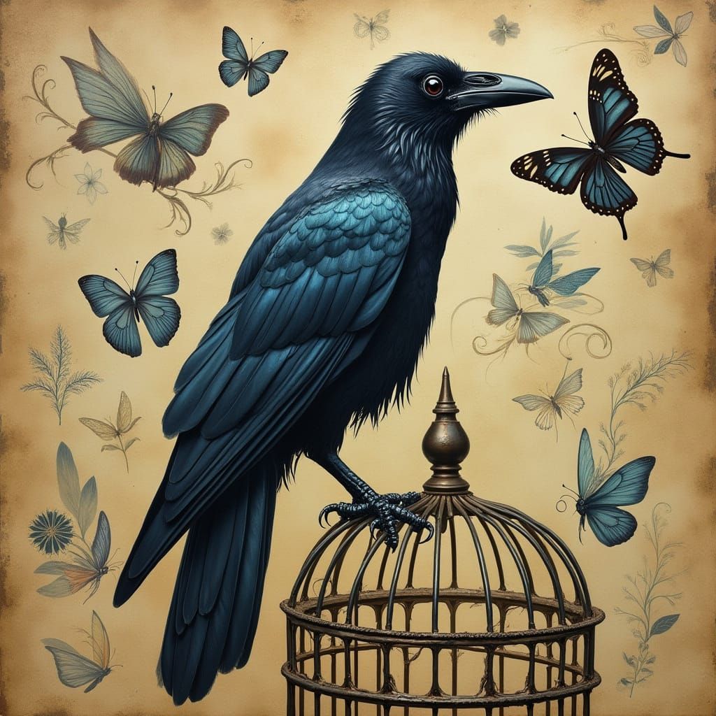 Raven with Iridescent Feathers and Butterfly Wings