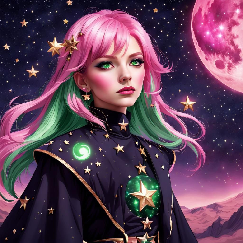 Pink-Haired Woman with Stars and Moons