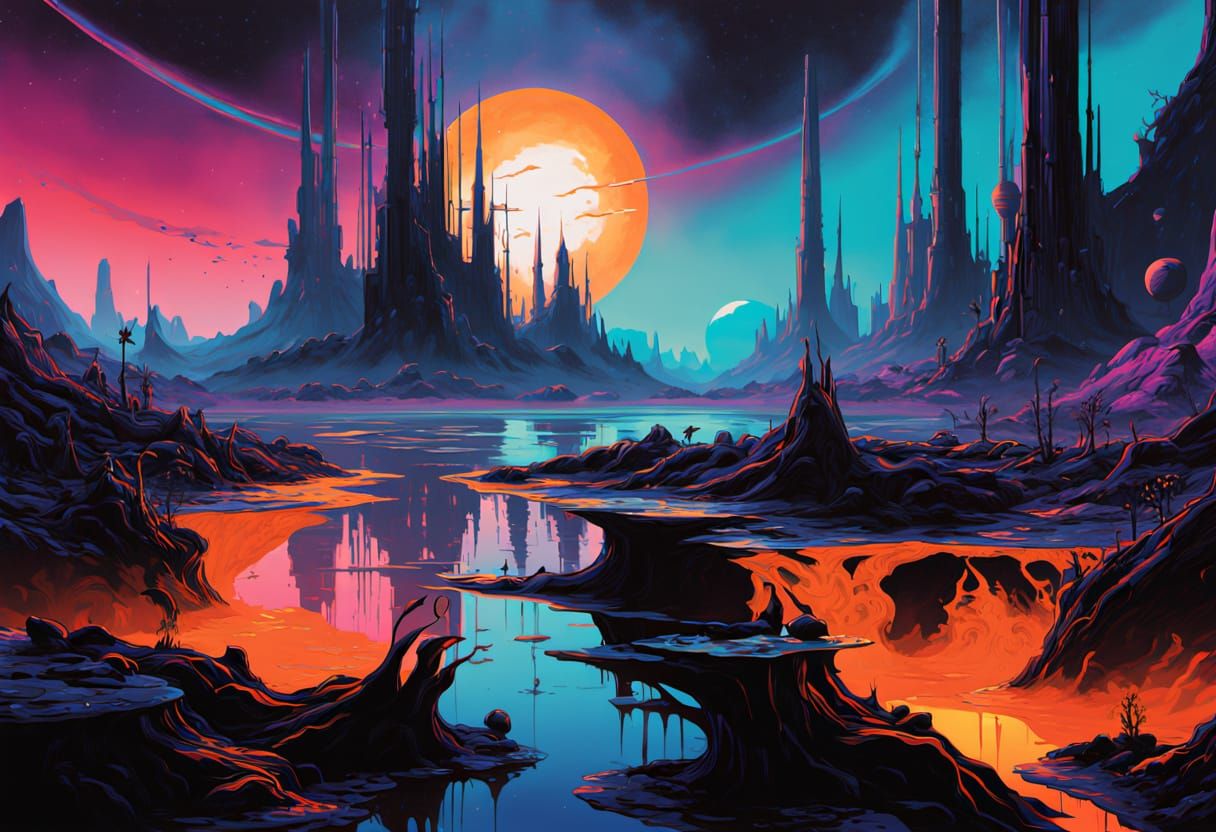 Breathtaking Alien Sunset on an Otherworldly Seascape