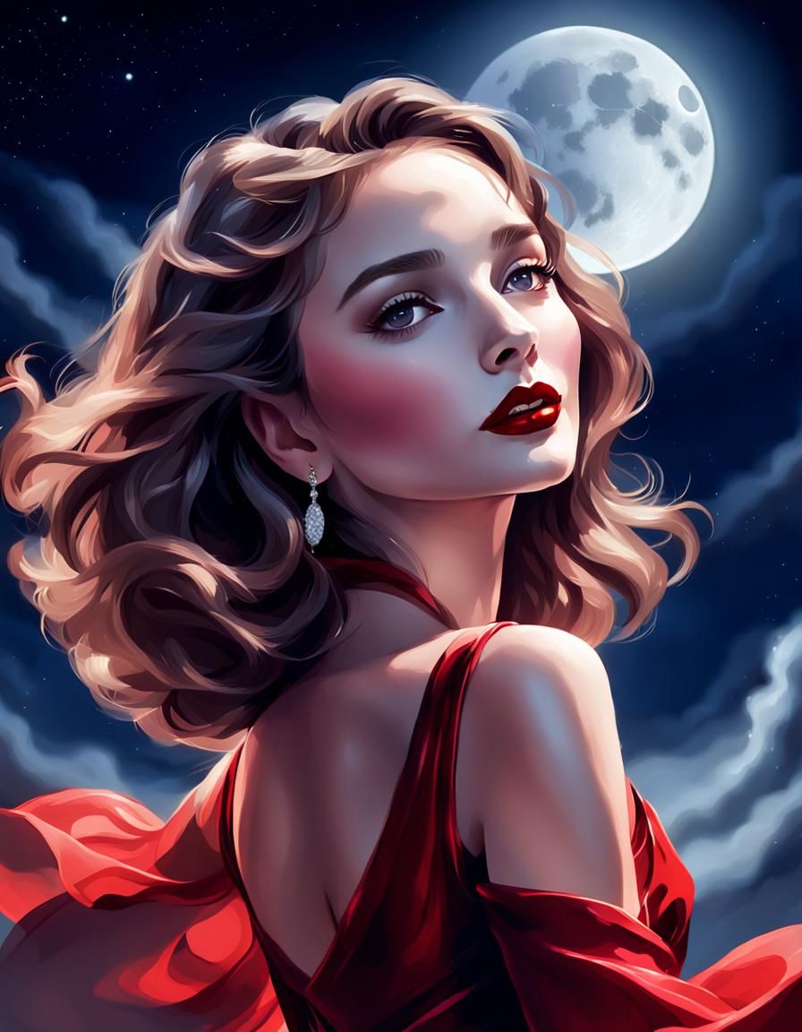 Woman Dancing in Red Dress Under Moonlight