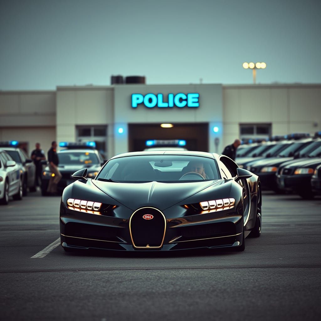 Luxury Bugatti Dominates Drab Police Station Parking Lot