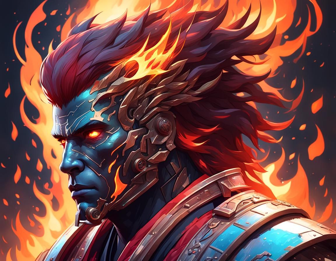 Fiery Unmasked Man in a Burning World