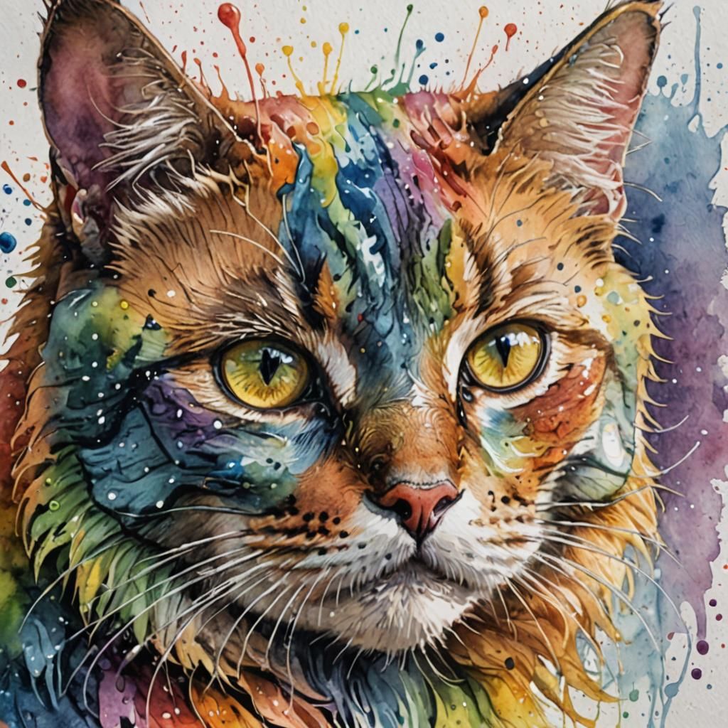 Rainbow Cat Portrait in Watercolor Style