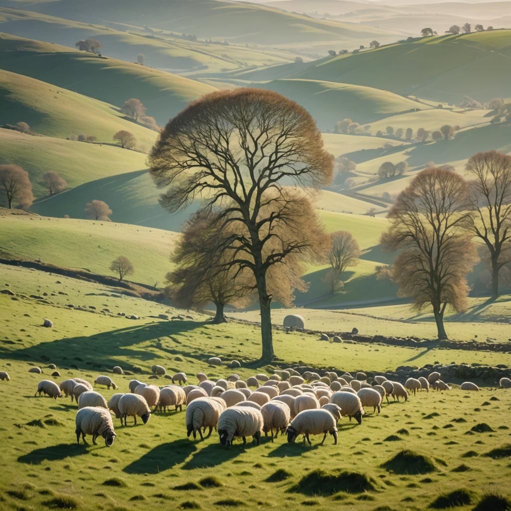 Impressionist Sheep Grazing in Spring Landscape