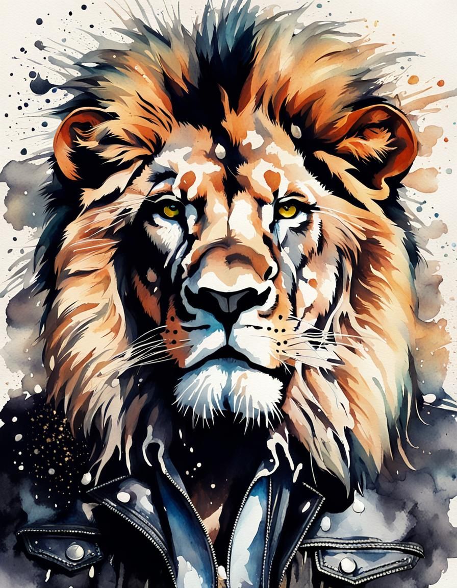 Majestic Lion in Leather Jacket, Watercolour Painting